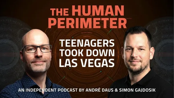 Episode 3 cover with hosts André Daus and Simon Gajdosik and the episode title 'Teenagers Took Down Las Vegas'
